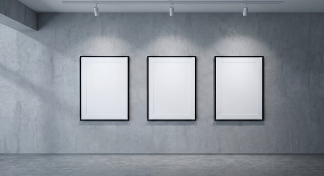 Three blank picture frames on industrial concrete wall