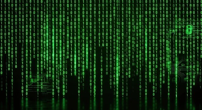 Digital binary code streaming down green background