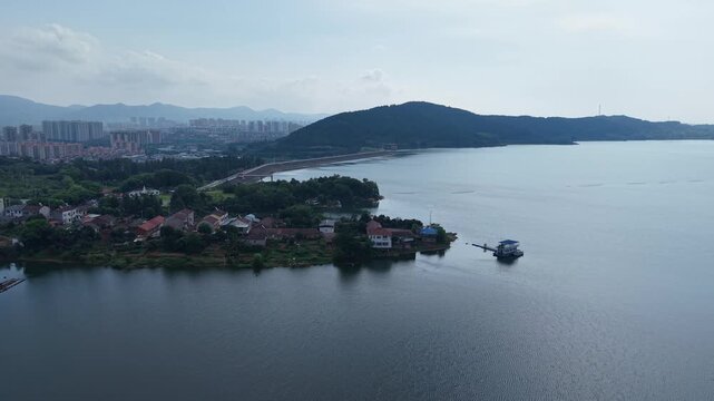 Aerial View of Huiting Reservoir and Distant Mountains, Jingshan, Hubei, China