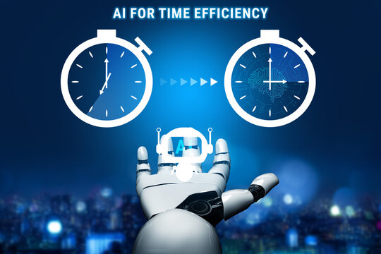 Futuristic Robot Hand Representing AI Technology for Promoting Time Efficiency in Modern Work Environments with Clocks and Digital Displays Quark.