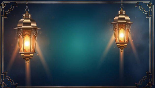 Elegant Islamic lanterns glowing warmly against a misty blue background framed by a gold geometric border, perfect for Ramadan Kareem, Eid Mubarak celebrations and cultural greeting cards.