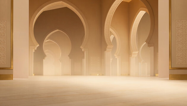 Serene Islamic architectural interior featuring elegant arches and polished marble floors in soft golden lighting, creating a peaceful atmosphere for prayer and meditation backgrounds.