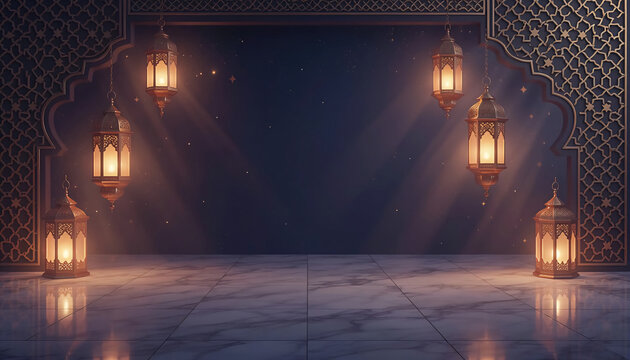 Golden hanging lanterns and floor lamps glow in a dark blue spiritual room with marble tiles and geometric arch patterns, creating a serene background for Ramadan Kareem and Eid Mubarak.