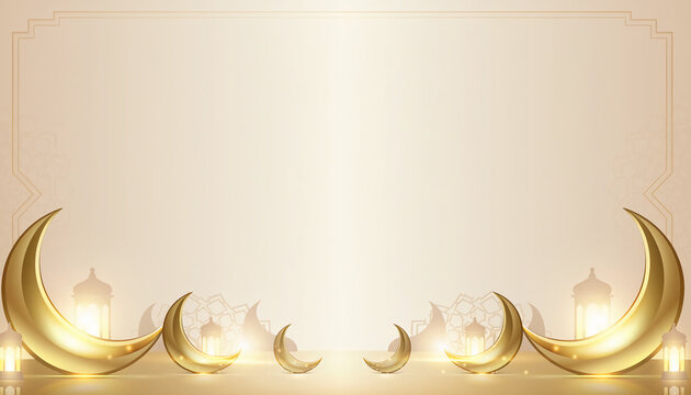 Elegant golden crescent moons and lanterns float on a beige background with Islamic patterns for Ramadan and Eid celebrations, featuring warm lighting and a luxurious 3D style.