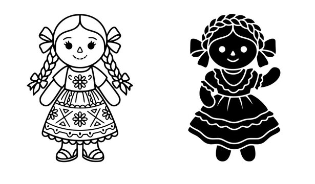 Mexican Rag Doll Icons Traditional Folk Art Outline Silhouette Vector Set