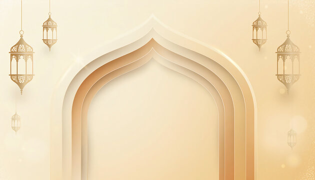 Elegant Islamic arch background with hanging golden lanterns for Ramadan and Eid celebrations, featuring minimalist layered design and warm glowing light in soft 3D paper cut style.