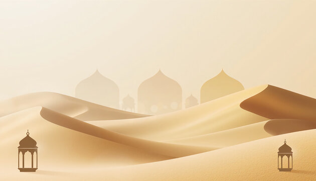Serene desert landscape with golden sand dunes and mosque silhouettes under a warm hazy sky featuring traditional lanterns for Ramadan and Eid celebrations, minimalist vector style.