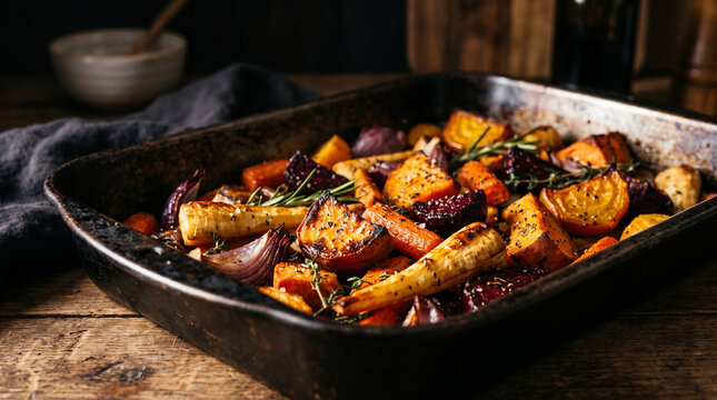 roasted root vegetables seasoned with herbs in baking pan