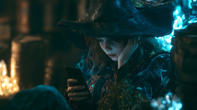 a sorceress checking her mobile device