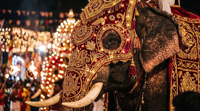  heavily decorated ceremonial elephant adorned in intricate traditional red and gold garments 