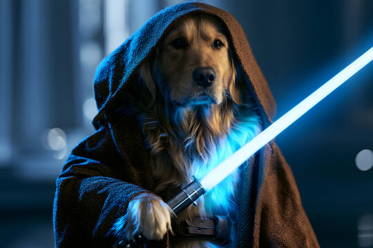 Puppy styled like a Jedi.