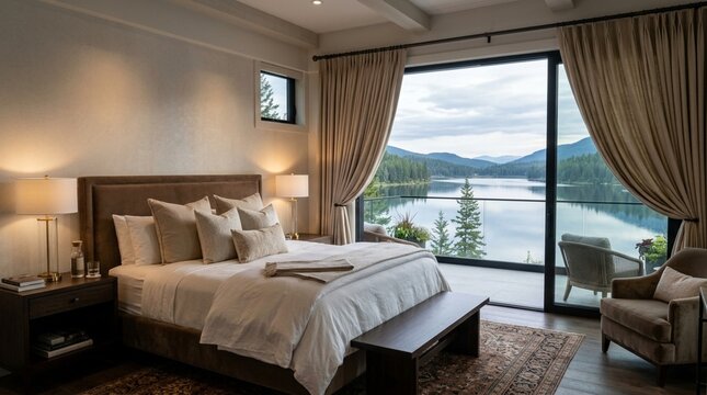 Luxury Bedroom with Lake and Mountain View, Cozy Interior Design