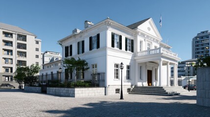 Obraz premium Classic White Mansion with Architectural Elegance and Modern Surroundings