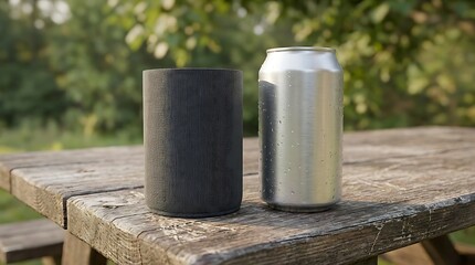 Naklejka premium Metal beer can and a black koozie sitting on a wooden picnic table in a sunny green garden park. koozie mockup
