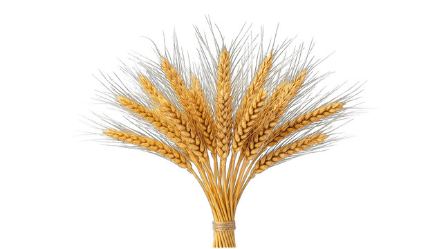 Sheaf of golden ripe wheat stalks tied with twine isolated on transparent background.