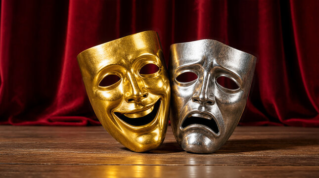 Gold and Silver Comedy and Tragedy Theater Masks on a Wooden Stage in Front of Red Velvet Curtains