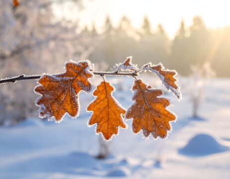 Frosted autumn leaves on a branch in snow.