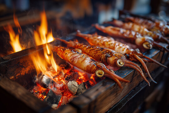 Grilled squid street food cooking on charcoal fire with hot flames