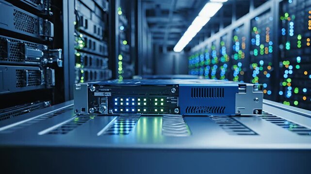 Server equipment on rack shelf in modern blue data center