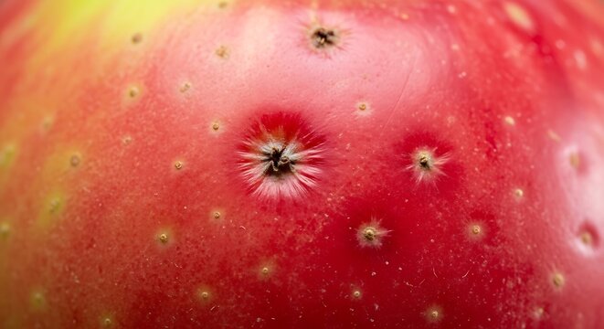 Detailed close up of red apple skin showing tiny blemishes and surface texture