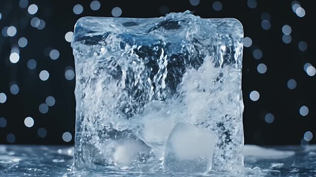 Water splashing over ice cubes in a glass.