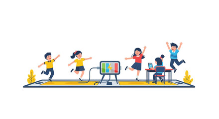 Naklejka premium Happy Children Playing Around Giant Battery and Digital Device Illustration Representing Energy Vitality and Educational Technology Concept