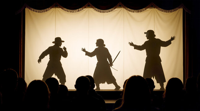 Silhouette of Actors Performing Dramatic Shadow Theatre Sword Fight Stage Show in Front of Seated Audience