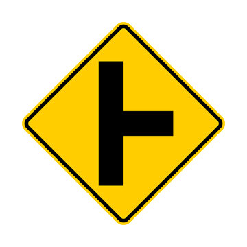 T-intersection ahead warning sign, side road junction vector icon