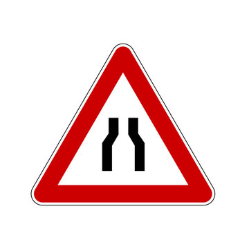 Road narrows ahead warning sign, traffic bottleneck vector icon
