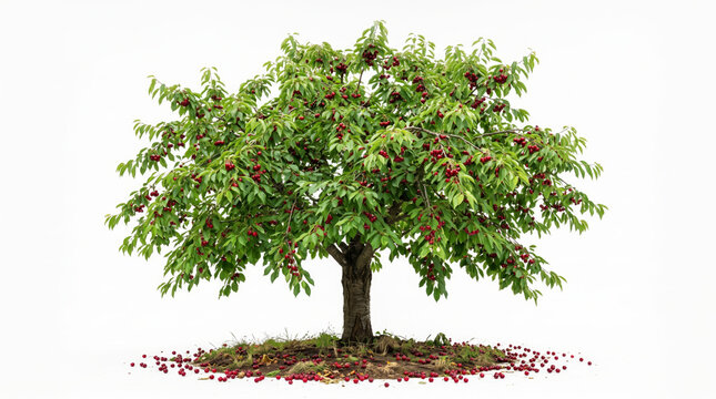Cherry tree with fallen cherries isolated on white background