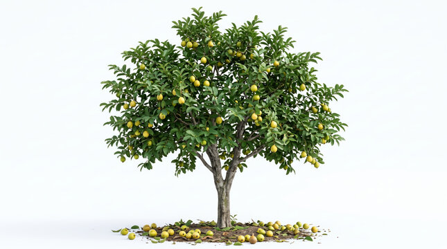 Ripe guava tree with fallen fruits on white background