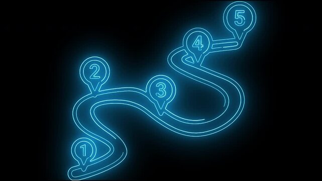 Winding roadmap path with numbered milestone pins in neon blue glowing lines illustrating project journey and planning