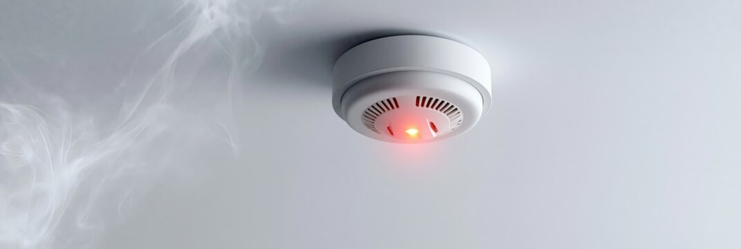 Ceiling Red Alert Smoke Detector with Heavy Smoke, Fire Warning Safety Concept, Modern Home Protection Equipment Smart Fire Prevention System Visual Asset