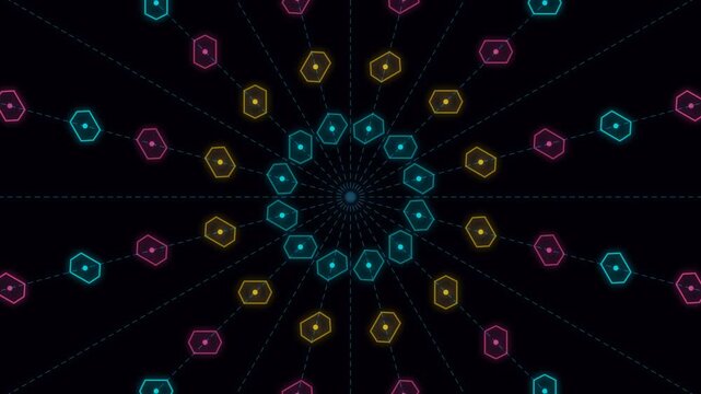 Neon geometric pattern background on black, futuristic digital glow abstract wallpaper