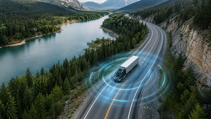 Fototapeta na wymiar drone view of autonomous truck driving on a scenic highway through green forest with digital sensor waves representing smart logistics, connected transportation and intelligent driving technology.