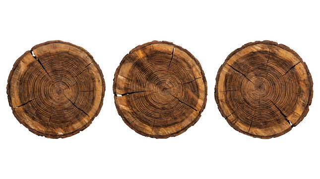 Three circular cross sections of aged tree trunks with visible growth rings isolated on black background