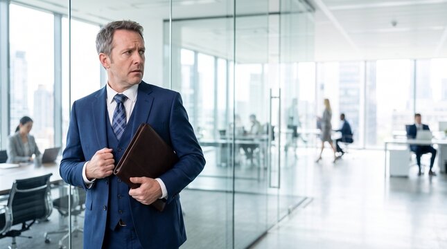 Nervous businessman holding folder looking suspicious in office hallway