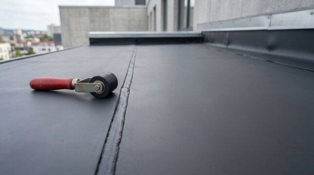 Black rubberized roofing membrane installation shows welded joint and professional seam roller on flat roof of modern office building.