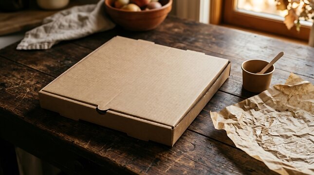 Closed cardboard pizza box sitting on a rustic wooden table in a kitchen