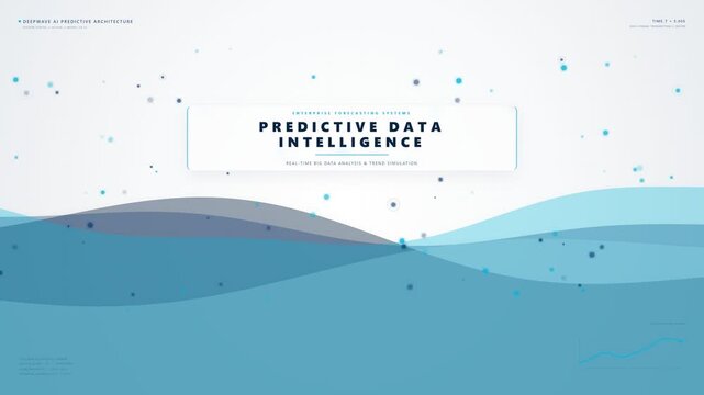 Modern corporate technology background animation featuring blue fluid waves, floating data particles, and predictive data intelligence header for artificial intelligence video presentations.