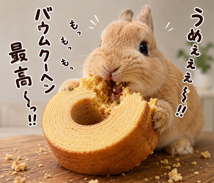 バウムクーヘンを食べる可愛いウサギ