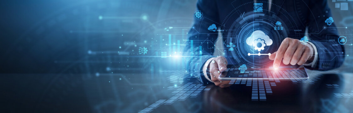 Platform as a Service model. Developer using tablet to manage cloud computing tools and software. Scalable digital development network environments and enterprise infrastructure services.