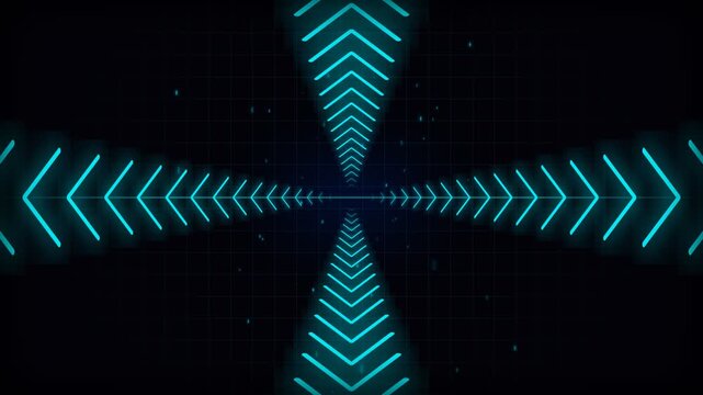 Glowing cyan blue neon directional arrow tunnel zooming forward in dark cyberspace visual grid, futuristic digital technology motion graphics background loop, central perspective camera angle.