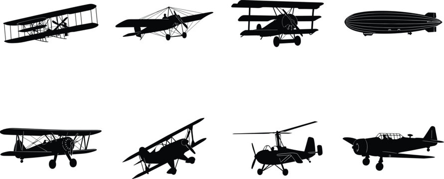Vintage aircraft black silhouette collection featuring historic airplanes and classic aviation transportation designs