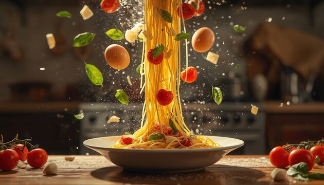 Italian Cuisine Creation: A dramatic explosion of pasta, tomatoes, basil, and cheese erupts from a white plate, creating a culinary spectacle.