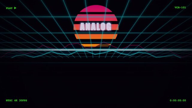 Retro synthwave 80s VCR analog video background featuring neon wireframe perspective grid, glowing striped sunset circle with ANALOG text, VHS glitch overlay, timecode display, and dark mood.