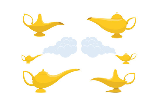 Set of golden magic genie lamps with wisps of blue smoke, isolated on a white background, for fantasy, fairy, tale, and folklore concepts