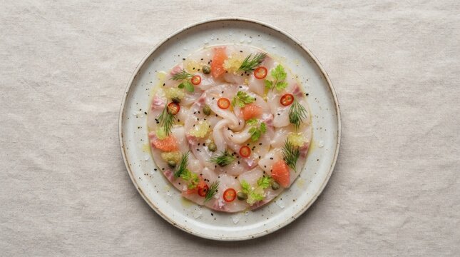 Overhead Flat Lay Raw Kingfish Crudo Arranged Spiral Plate Isolated Plain Neutral Surface

