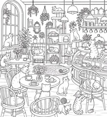 Naklejka premium cat cafe, cat cafe illustration, whimsical cafe, cute cats, adorable cats, feline illustration, cat lovers, cozy cafe, pet cafe, animal cafe, kawaii cats, playful cats, coffee shop, cafe interior, coz