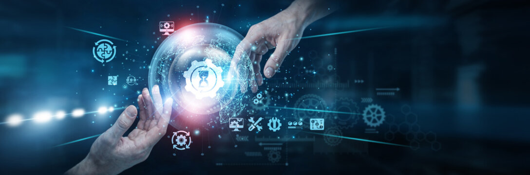 Team Hands of human touching on work in progress network connection, ongoing development systems tracking tasks collaboration progress improvement workflow efficiency. continuous development.